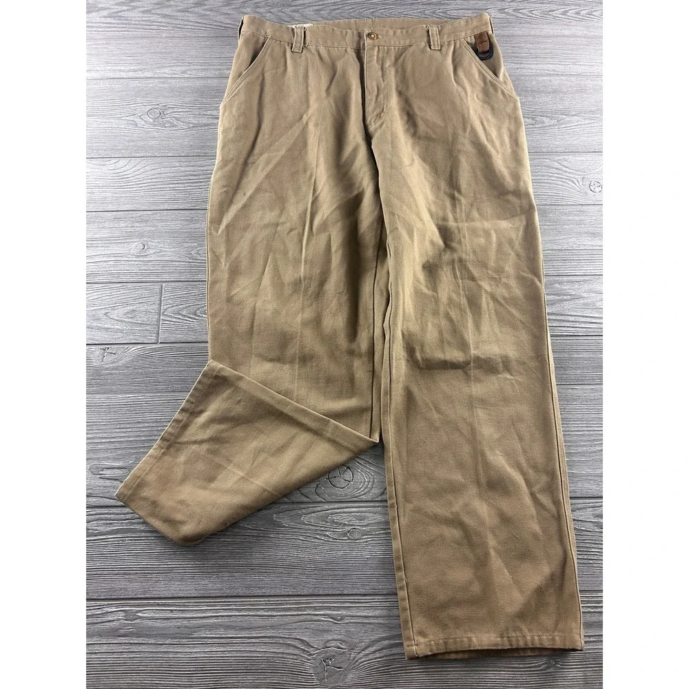 Orvis Mens Canvas Field Pants Khaki Tan Leather Trim D-Ring Straight Leg 35x29